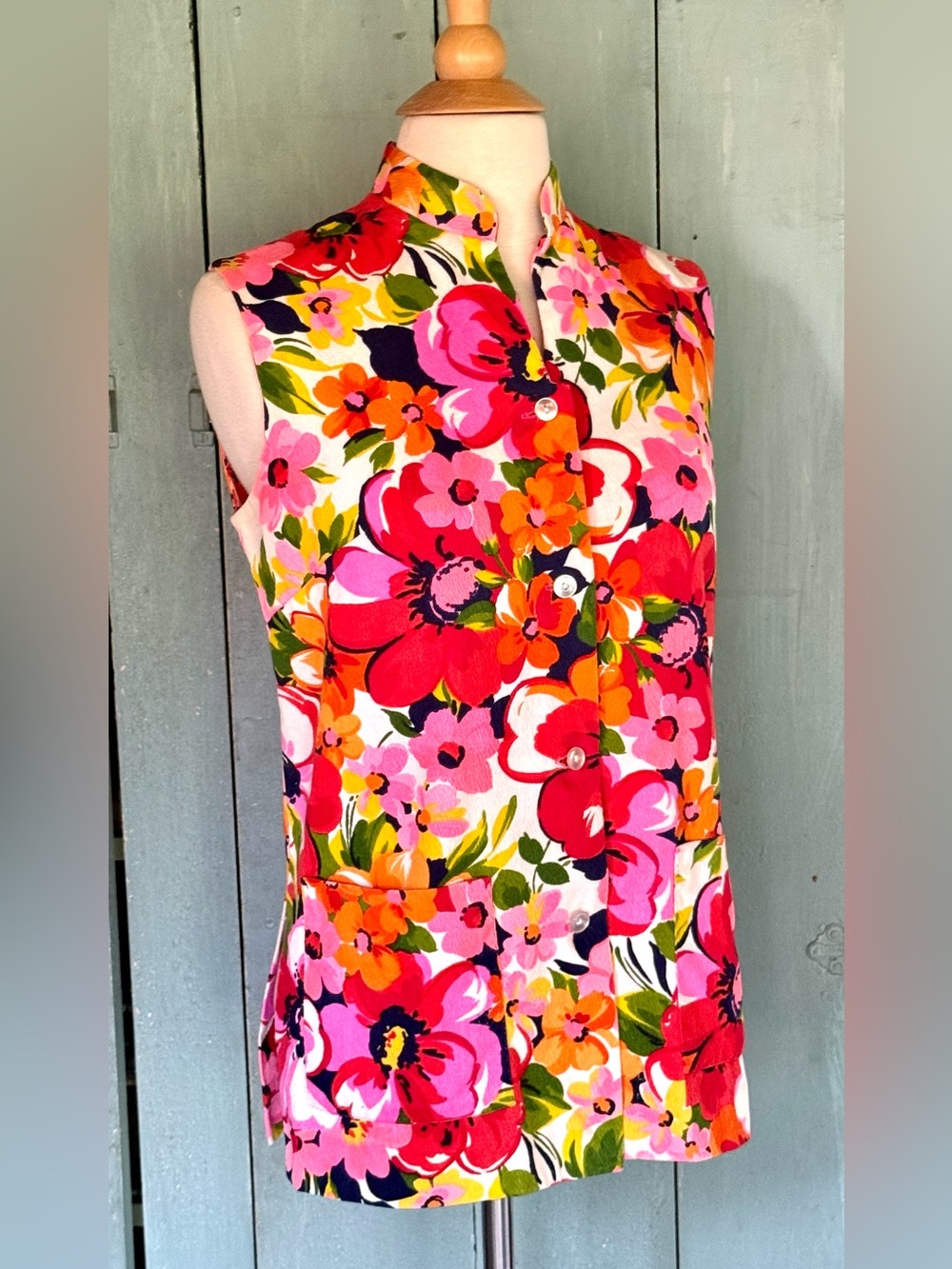 VTG 60s Mei Jan of Hawaii Barkcloth Blouse Psychedelic Print Cabana Top M
